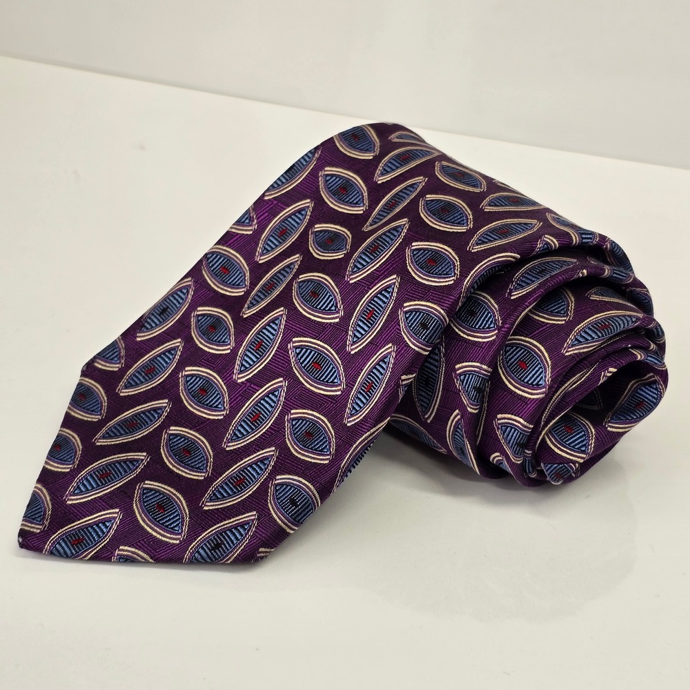 Hickey Freeman Silk‎ Tie Mens Purple Geometric Eye Pattern Preppy Professional